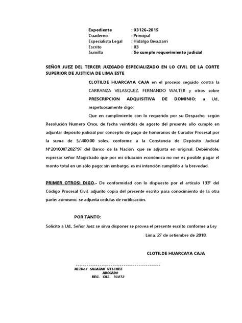 Escrito Cumplimiento De Requerimiento Judicial Pdf