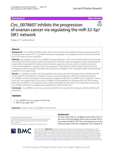 Pdf Circ0078607 Inhibits The Progression Of Ovarian Cancer Via Regulating The Mir 32 5psik1