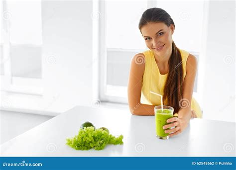 Healthy Woman Drinking Green Detox Juice Lifestyle Food Drin Stock