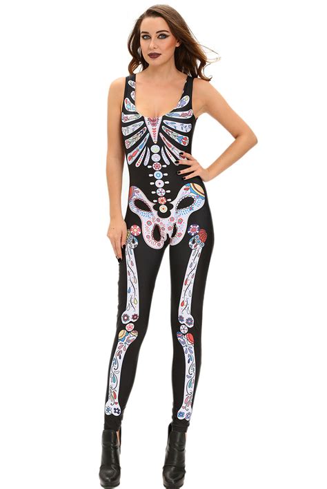 Sexy Sugar Skull Adult Womens Halloween Catsuit Costume Sexy Affordable Clothing