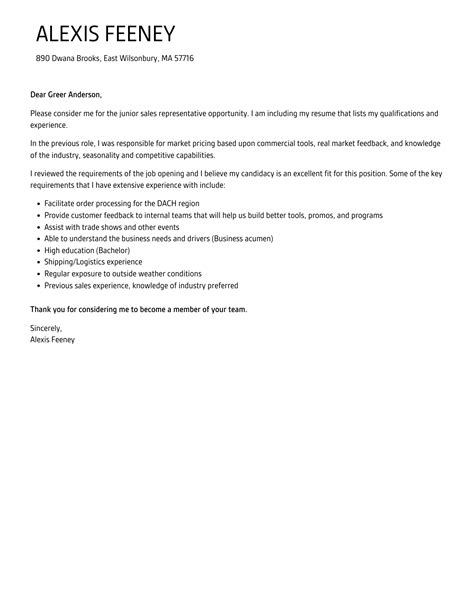 Junior Sales Representative Cover Letter Velvet Jobs