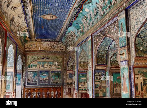 India Rajasthan Mewar Region Village Of Bundi Wall Painting In The