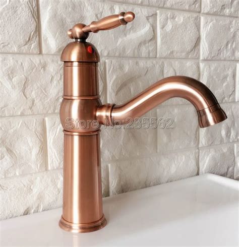 Antique Red Copper Bathroom Basin Faucet Swivel Spout Sink Mixer Tap