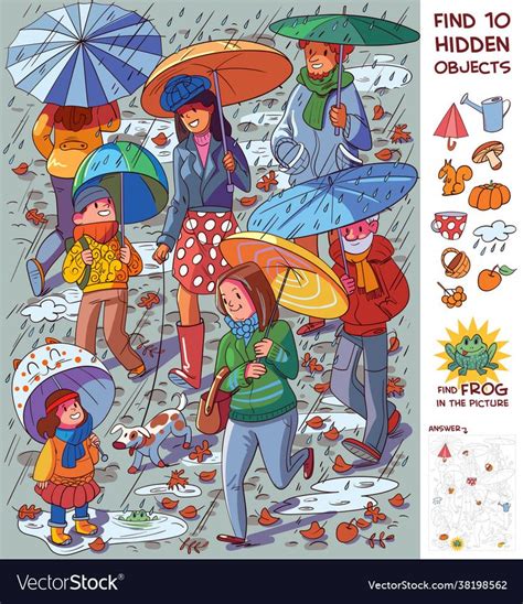 People With Umbrellas In Rain Find 10 Hidden Vector Image On