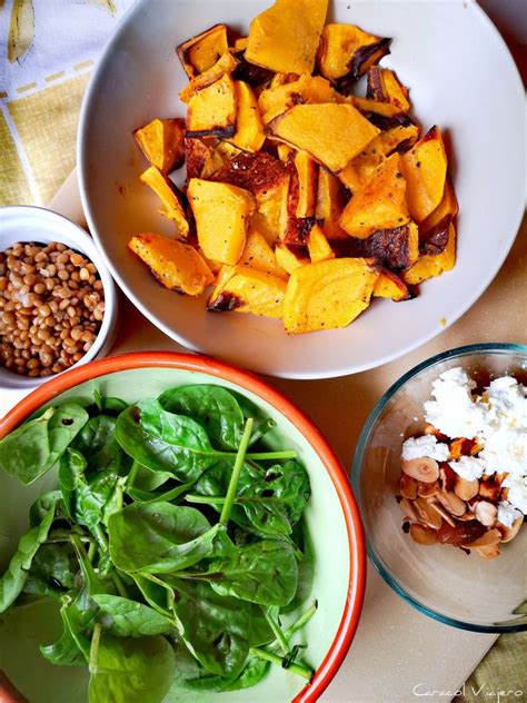 Ensalada De Calabaza Asada Lentejas Espinacas Y Feta Caracol Viajero