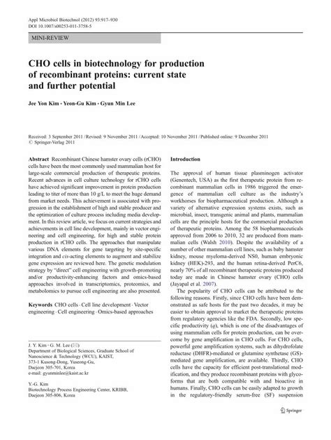 Pdf Cho Cells In Biotechnology For Production Of Recombinant