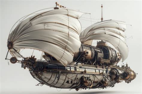 Steampunk Airship With White Sails Showcasing Intricate Mechanical