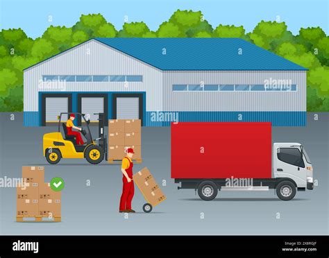 Isometric Large Modern Warehouse With Forklifts And Truck Warehouse