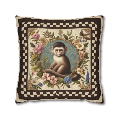 Monkey Pillow Cover Art Nouveau Monkey Cushion Cover Designer Checkered