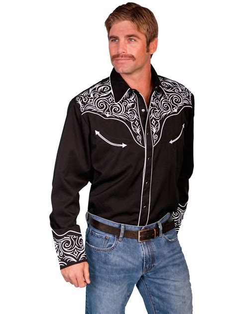 Scully Western Mens Black Polyester L S Scroll Embroidered Western