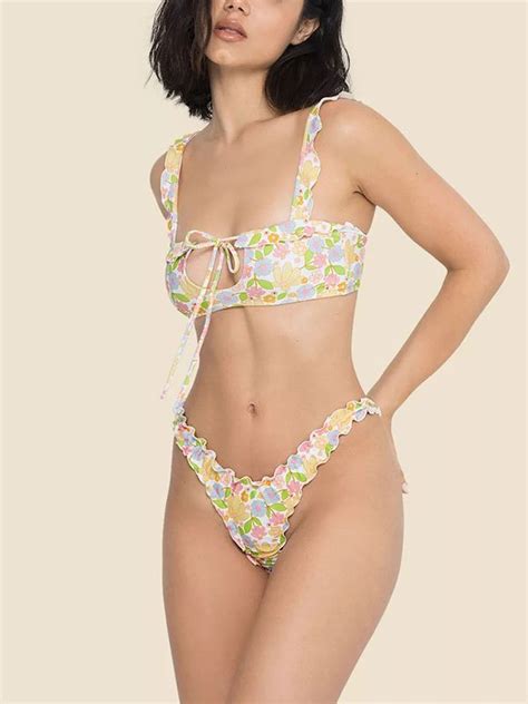 Emmiol Free Shipping 2023 Checkered Floral Print Strap Bikini Set