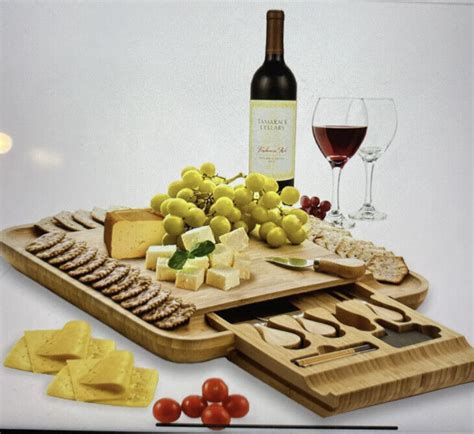 Bambusi Bamboo Cheese Board Cutlery Set W Slide Out Drawer