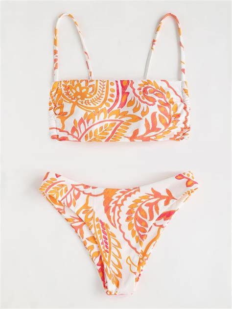 Shein Swim Bohofeel Random Plant Print Bikini Set Tie Back Wireless Bra Top And Hipster Bikini