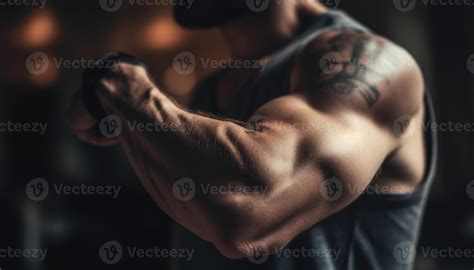 Muscular athlete flexes bicep in gym, embodying masculinity and determination generated by AI ...