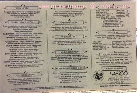 Menu at Weiss Deli restaurant, Henderson