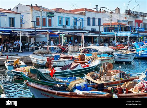 Urla Izmir Turkey June 2021 Fishing Boats Restaurants And Dining