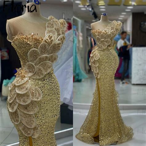 Dubai Long Mermaid Gold Evening Dress Aso Ebi Leaf Crystals Beads