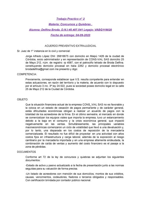 TP 2 Concuros Y Quiebras DB Trabajo Practico N 2 Materia Concursos