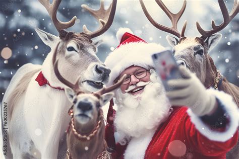 creative illustration happy smiling santa claus taking a selfie with reindeer joyful happy santa ...