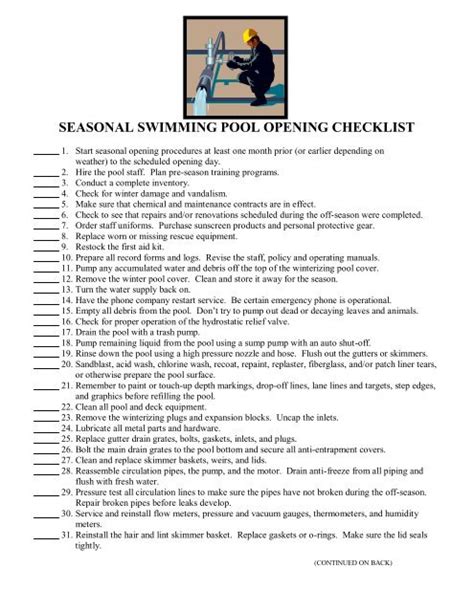 SEASONAL SWIMMING POOL OPENING CHECKLIST