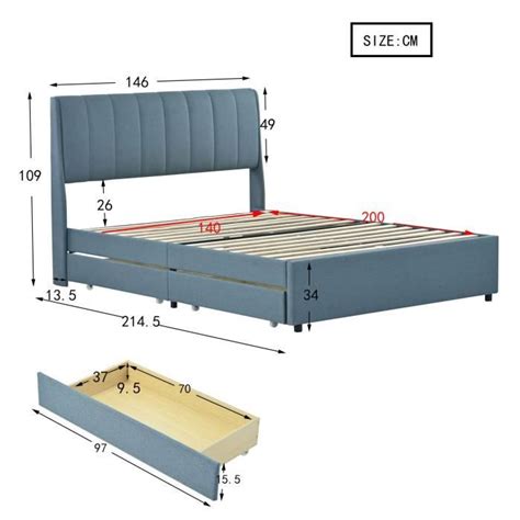 BM Lit capitonné double 140x200cm avec 4 tiroirs en lin Structure en