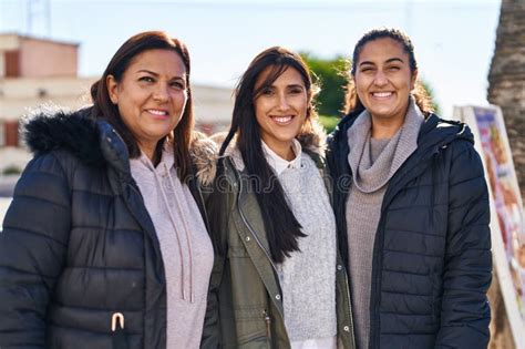 Three Woman Mother And Daughters Standing Together At Street Stock Photo Image Of Mature