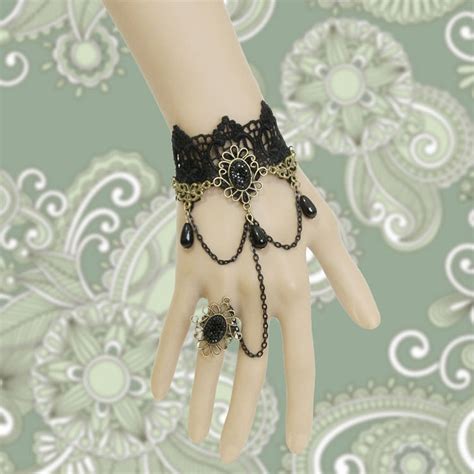 Victorian Gothic Black Lace Wristband Black Beads Embellishment