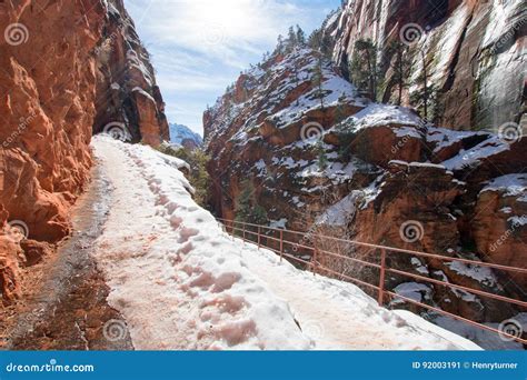 Angels Landing Hiking Trail Switchbacks In Snow During Winter In Zion