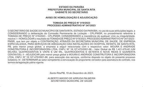 PREFEITURA MUNICIPAL DE SANTA RITA AVISO DE HOMOLOGAÇÃO E ADJUDICAÇÃO