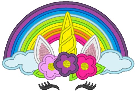 Rainbow Unicorn Head With Flowers Crown Applique Machine Embroidery Designs Applique Rainbow