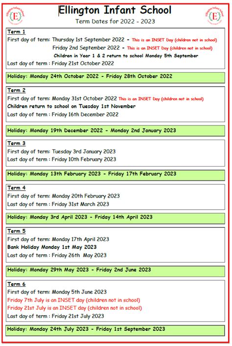 Term Dates – Ellington Infant School