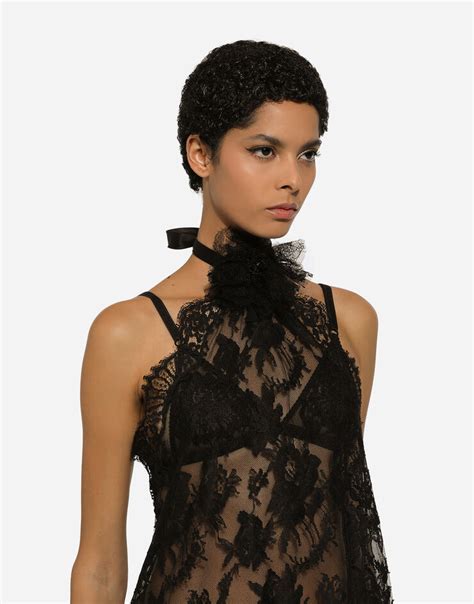 Asymmetrical Lace Top With Flower Detail On Neck In Black For Dolce