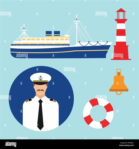 Cruise Ship Captain Vector Boat Sailor Icon Set Nautical Lighthouse