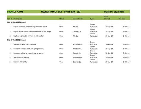 Free Printable Punch List Templates Pdf Word Excel