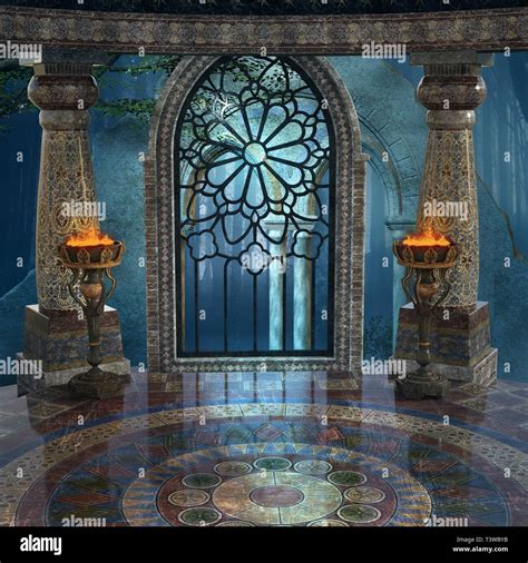 Fantasy palace interior with stone columns and shiny marble floor Stock ...