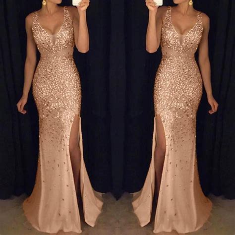 Feitong 2018 Women Sequin Prom Party Sheath Sexy Gold Bridesmaid V Neck