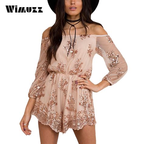 Wimuzz Sexy Sequins Jumpsuit Rompers Women Mesh Long Sleeve Slash Neck