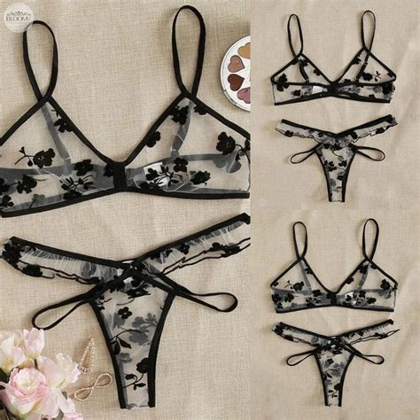 Women Sexy Lace Embroidery Sleepwear Underwear Thong Lingerie Set Elegant Design Shopee Malaysia