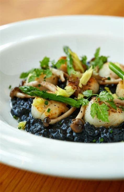 Recipe for Squid Ink Risotto with Seared Scallops and Shimeji Mushrooms