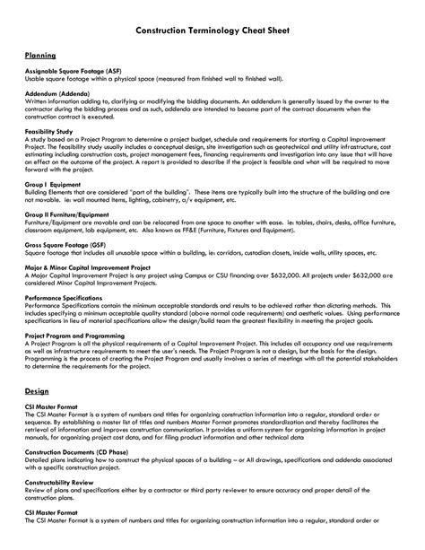 Glossary Of Construction Terms Construction Terminology Cheat Sheet