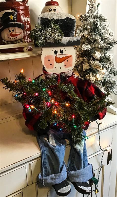 Dressed Sitting Snowman Wooden Winter Porch Sitter Home Decor