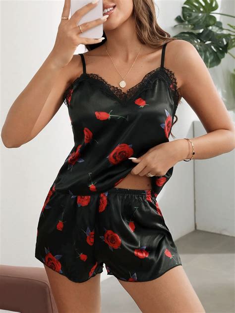 Floral Print Lace Trim PJ Set Pajama Set Night Dress For Women