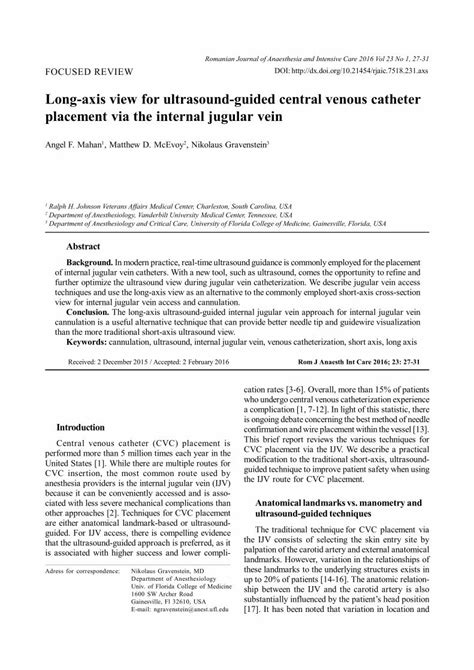 PDF Long Axis View For Ultrasound Guided Central Venous Catheter