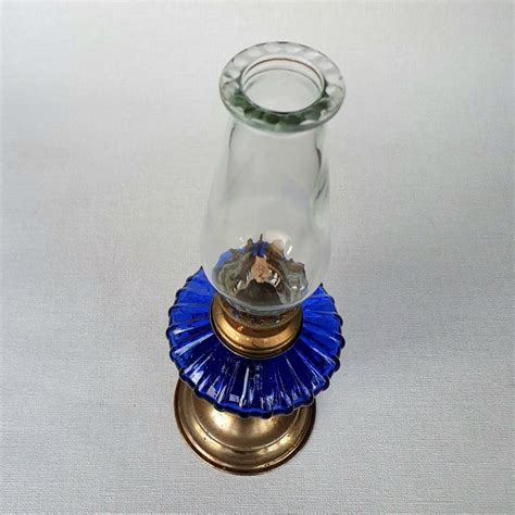 Vintage Small Cobalt Glass Oil Kerosene Lamp With Hand Blown Clear Chimney And Metal Base Made