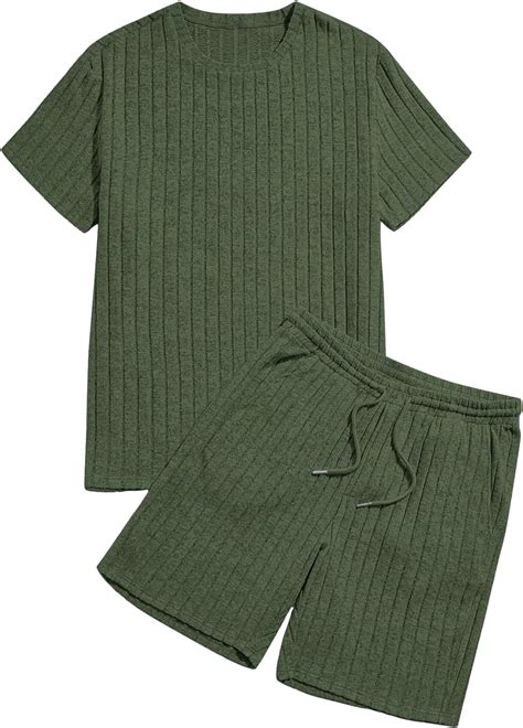 Gorglitter Mens 2 Piece Ribbed Knit Outfits Short Sleeve Tee Tops And