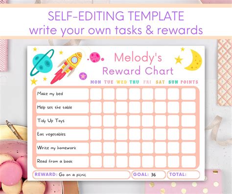 Editable Space Reward Chart Printable Behavior Chart Daily Chore Chart