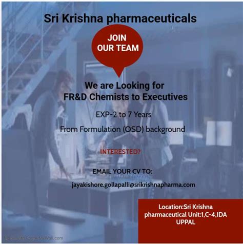 Sri Krishna Pharmaceuticals Looking For FR D Chemists To Executives