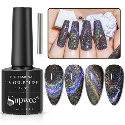 Supwee Black Rainbow Cat Eye Gel Polish Holographic 9d Cat Eye Nail Polish Sparkle