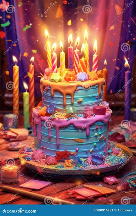 Colorful Birthday Cake With Lit Candles And Confetti Stock Illustration