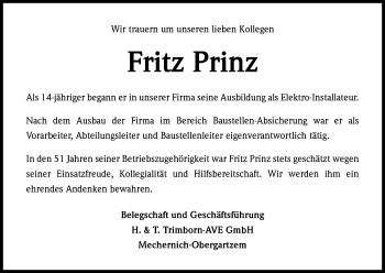 Traueranzeigen Von Fritz Prinz Wirtrauern